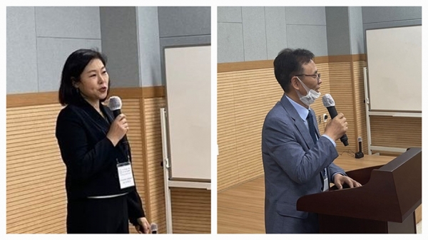 2020 아로마테라피 학술세미나를 주최한 한국아로메웰니스학회 이현주 회장(왼쪽)과 행사 후원을 해준 제주산학융합원 이남호 원장이 인사말을 하고 있다.